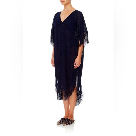 Camilla Navy Fringed Kaftan - Picture 3 of 11